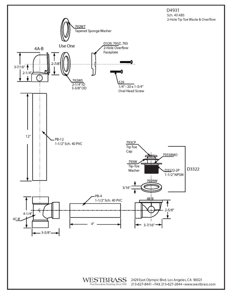 Westbrass Tip-Toe Sch. 40 ABS Bath Waste with Two-Hole Elbow, Polished Chrome, D4931-26 - Image 2